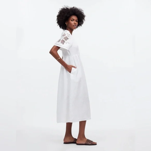 Madewell NWT Cassie Button-Front Midi Dress in Linen Size Small in Eyelet White - Picture 3 of 13